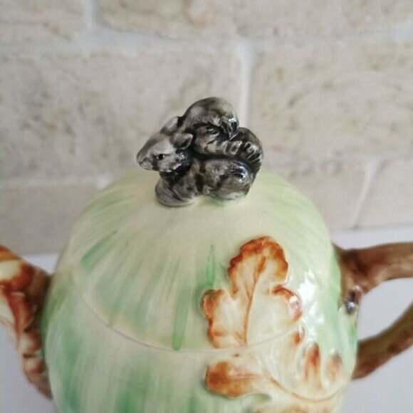 Vintage Handpainted Teapot CRAZING Black Squirrel Oak Leaves Marutomoware Japan - Picture 2 of 8